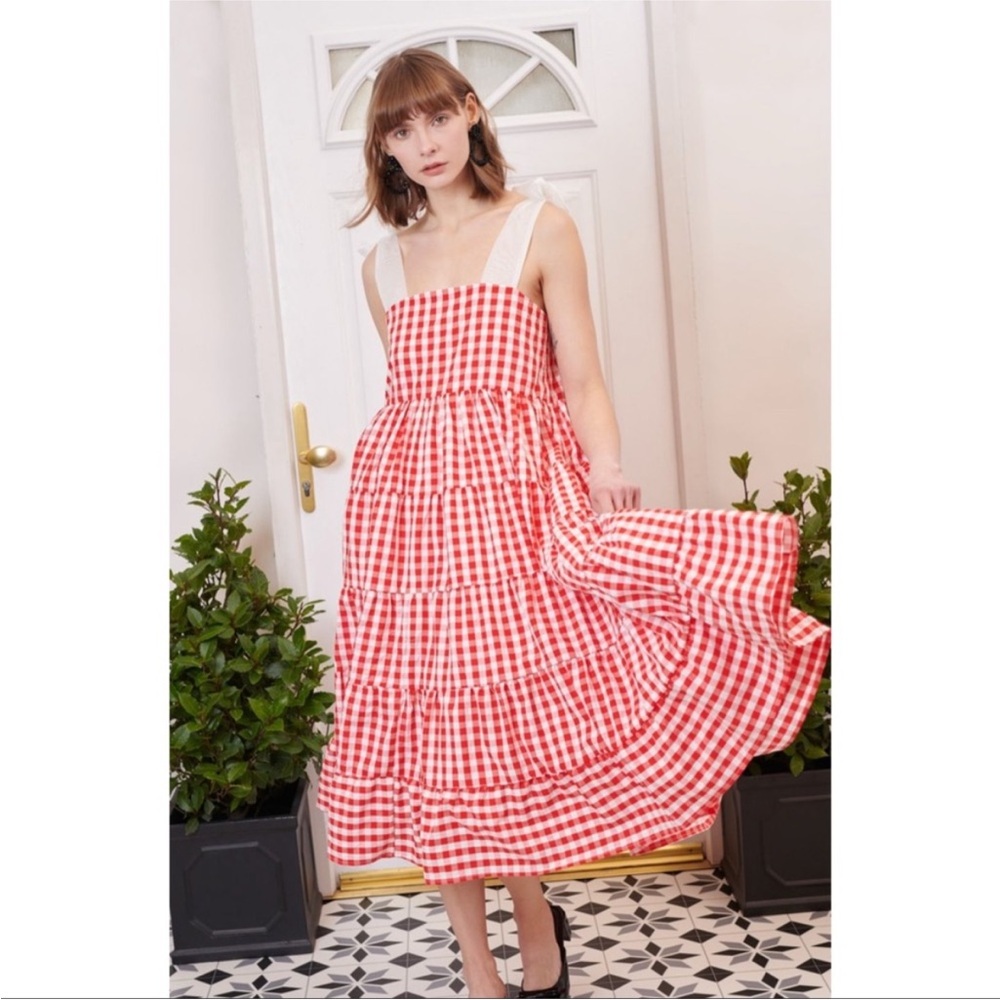 SISTER JANE XS Love Notes Red Checkered Plaid Bow Tiered Gingham Midi Maxi Dress